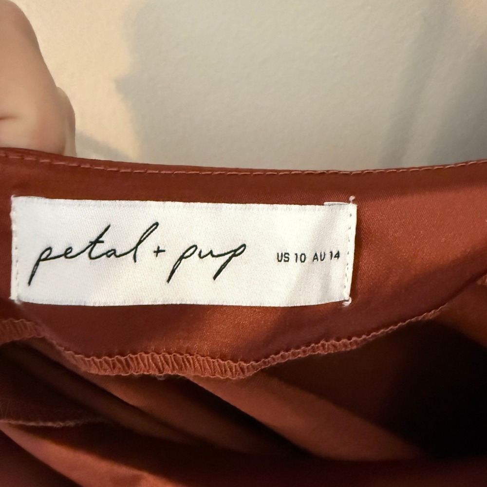Petal + Pup Rust Satin Cowl Neck Midi Dress Size 10 US Asymmetrical Hem Slit - Picture 4 of 7